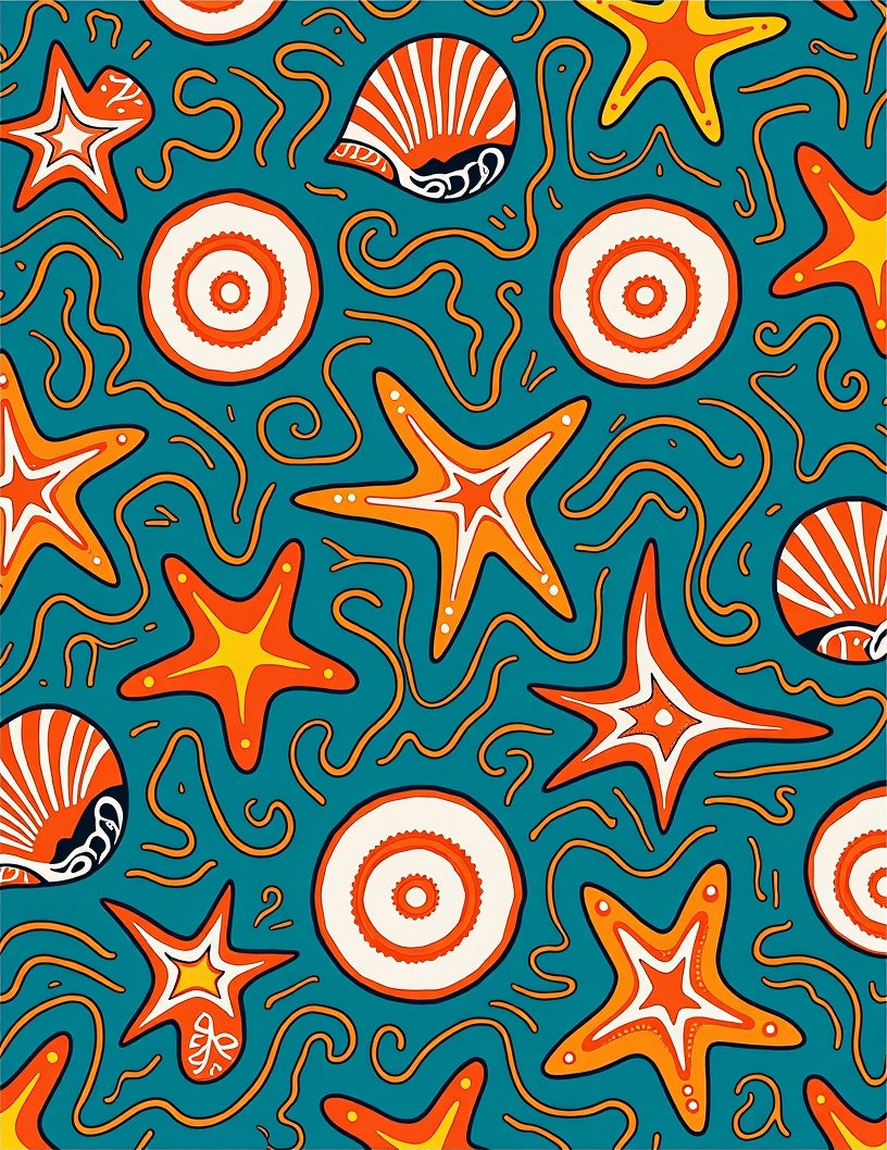 Oceanic Starfish Shell Swirls Orange Teal Rug