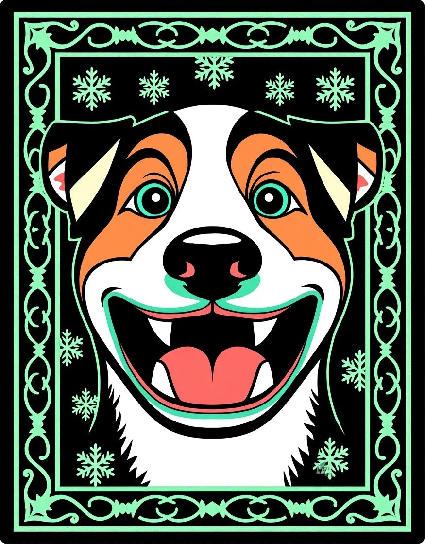Black Mint Green Smiling Dog Snowflakes Rug