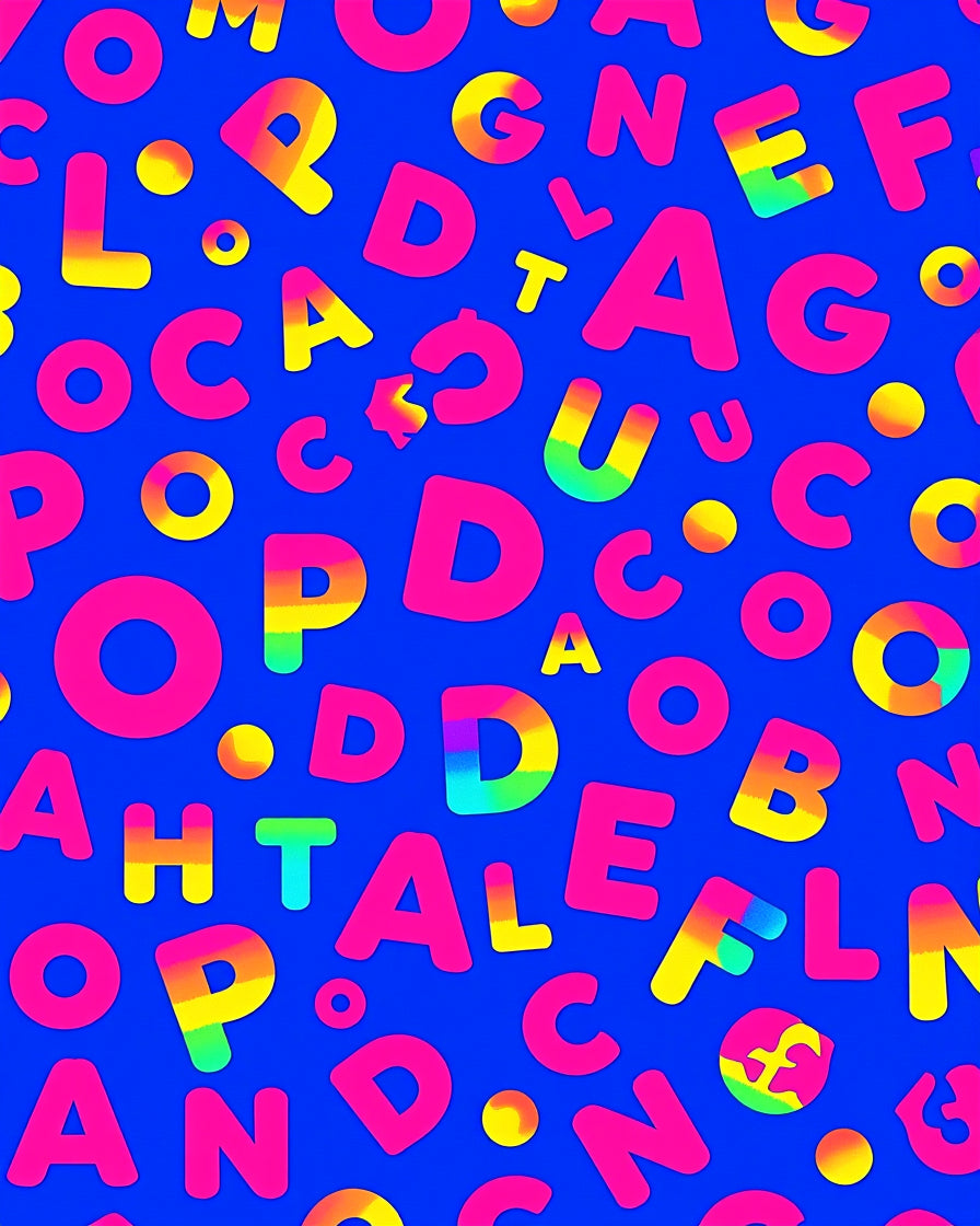 Vibrant Alphabet Collage Rainbow Squares Rug