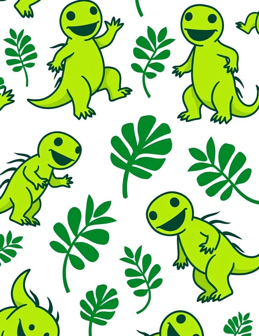 Happy Green Dinosaurs and Leaves Rug