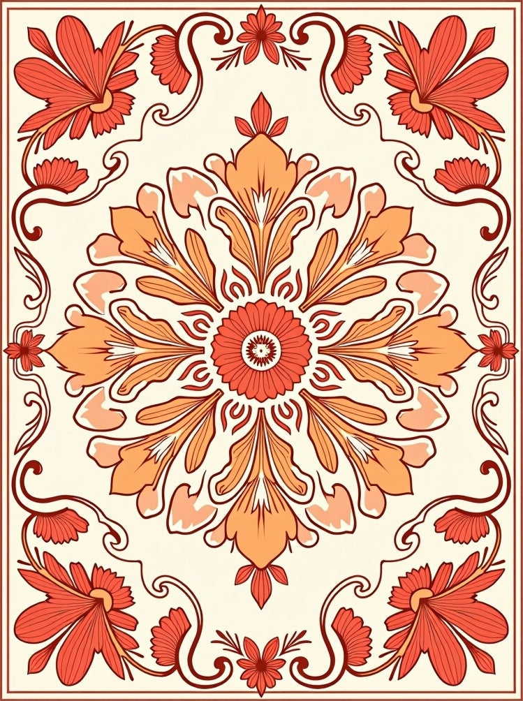 Crimson Orange Floral Medallion Border Rug