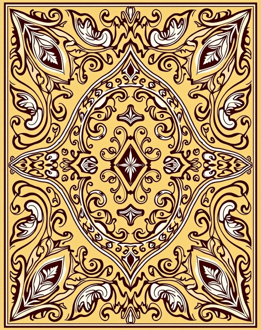 Yellow Burgundy Oval Leaf Scroll Rug