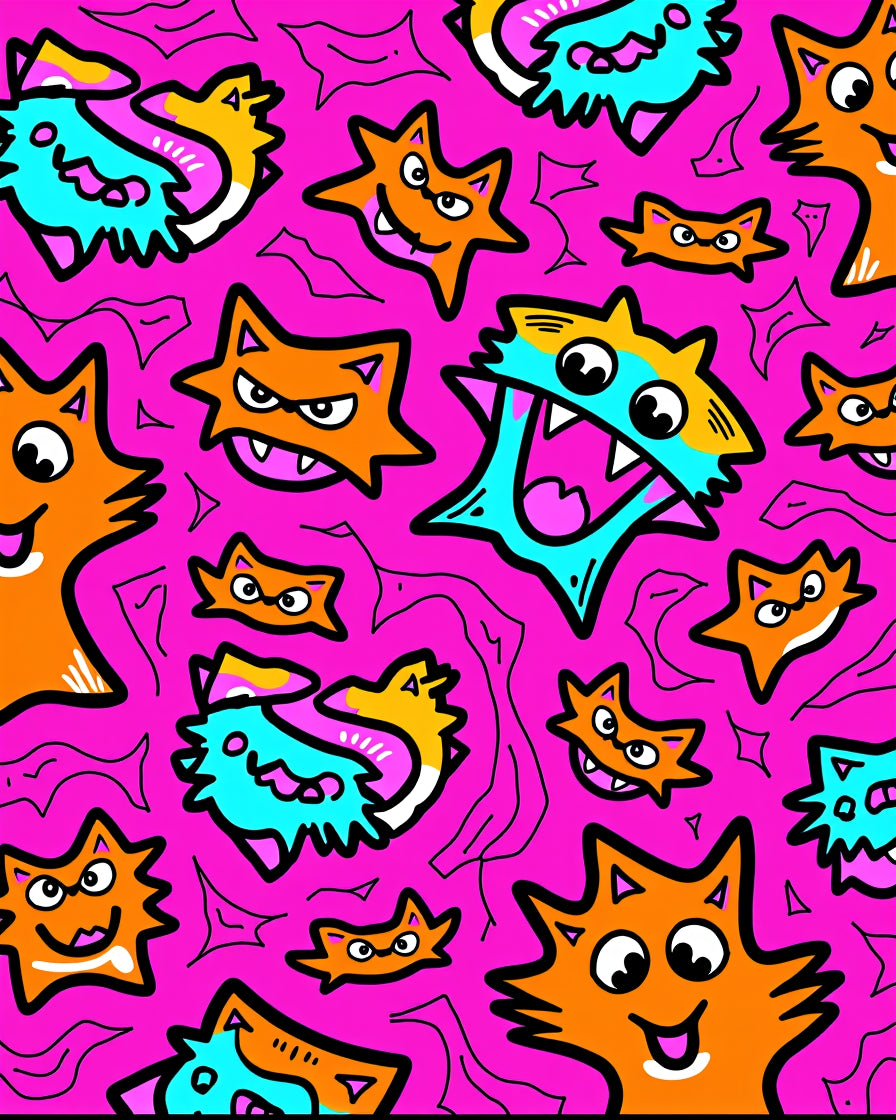 Whimsical Pink Orange Blue Cartoon Cats Rug