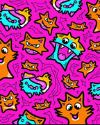 Whimsical Pink Orange Blue Cartoon Cats Rug