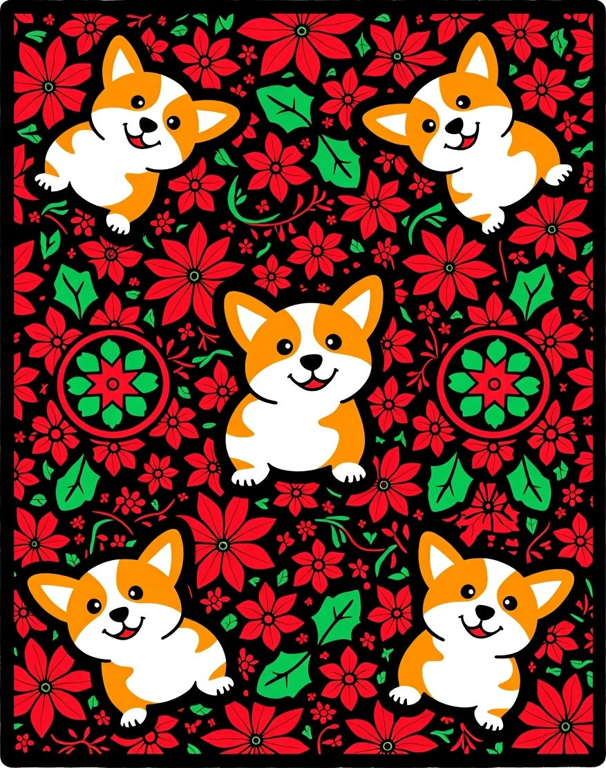 Charming Corgis Red Floral Collage Rug