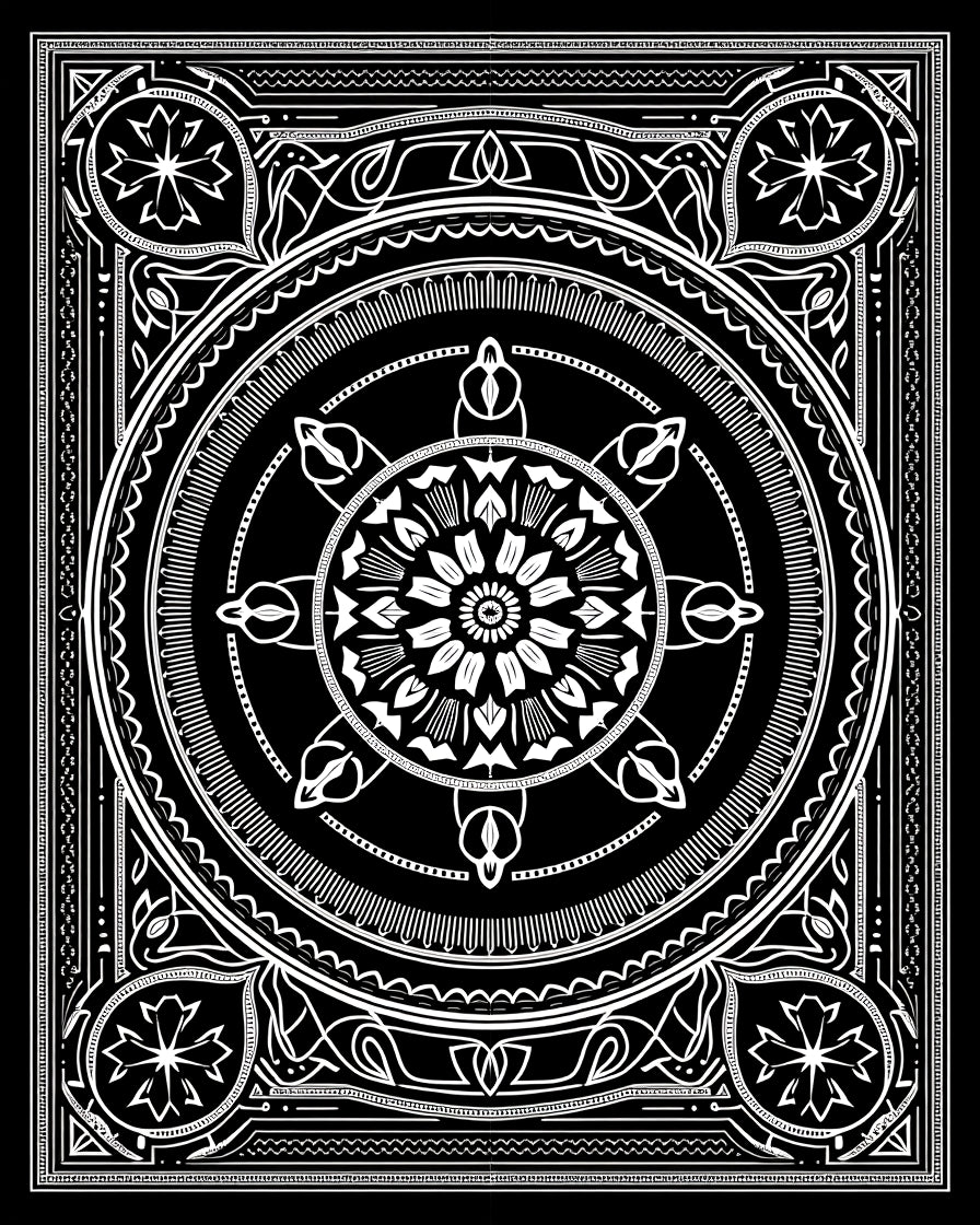 Black White Detailed Mandala Ornamental Rug