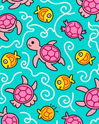 Pink Sea Turtle Yellow Fish Swirls Teal Rug
