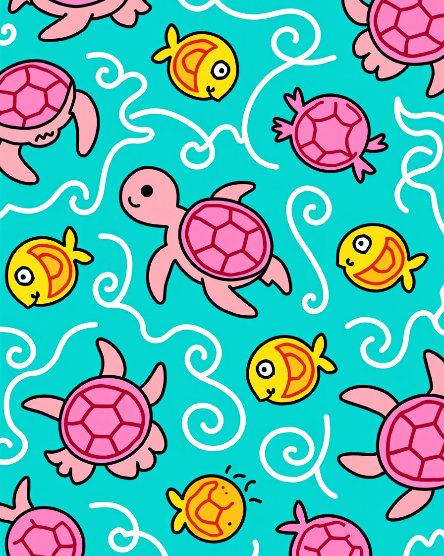 Pink Sea Turtle Yellow Fish Swirls Teal Rug