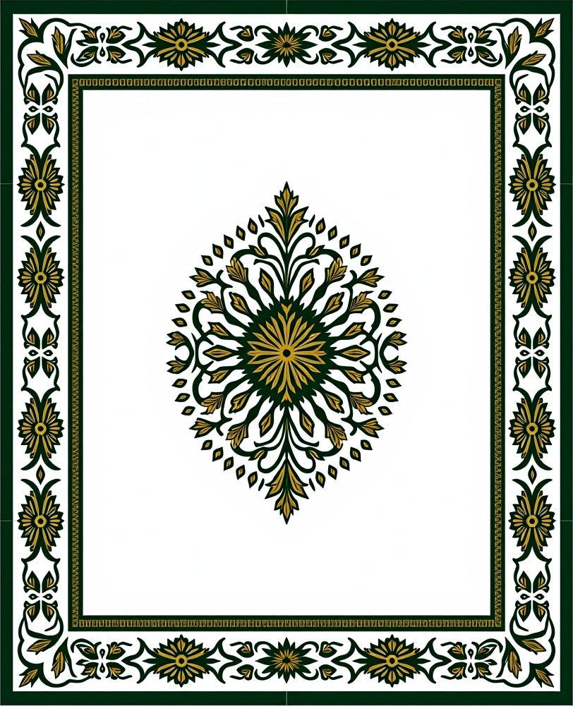Gold Green Floral Symmetry Border Rug