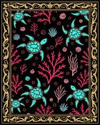 Aqua Turtles Pink Coral Black Ocean Rug
