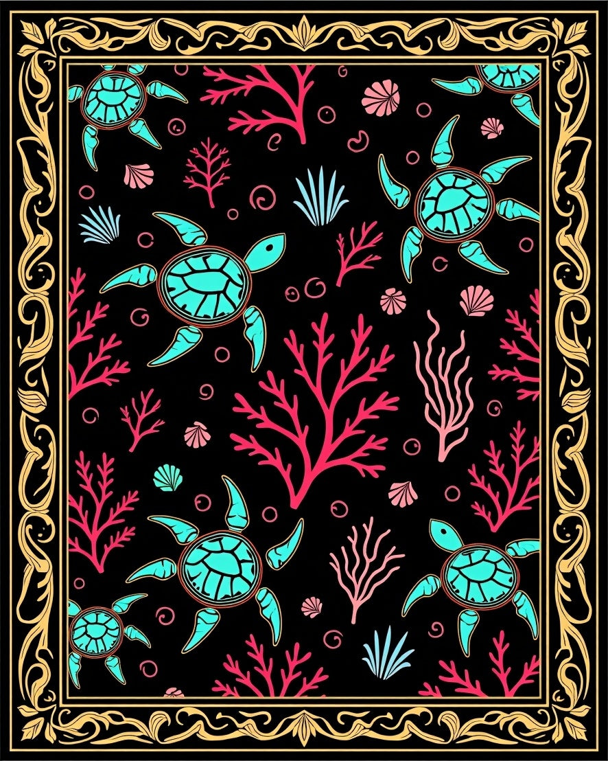 Aqua Turtles Pink Coral Black Ocean Rug