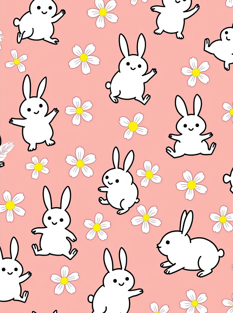 Playful White Bunnies Coral Floral Rug