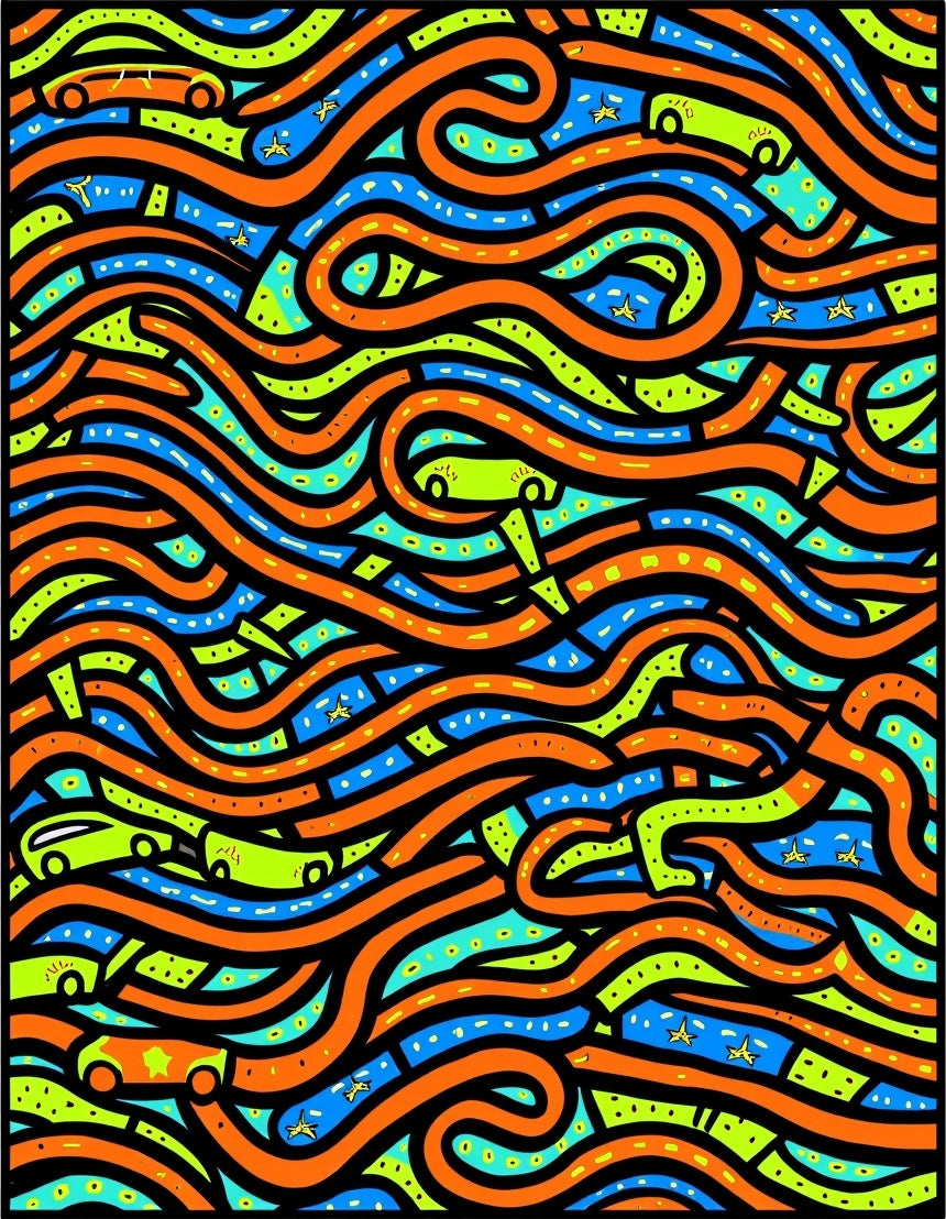Playful Orange Blue Green Auto Roads Rug