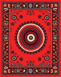 Fiery Red Sunburst Geometric Border Rug