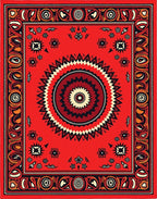 Fiery Red Sunburst Geometric Border Rug