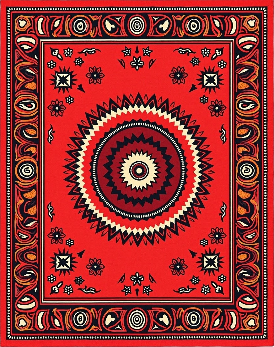 Fiery Red Sunburst Geometric Border Rug