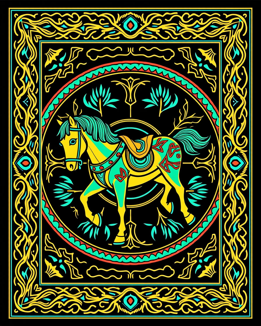Vibrant Yellow Turquoise Horse Medallion Rug