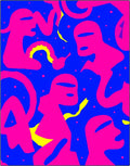 Vibrant Pink Figures Blue Swirls Rug