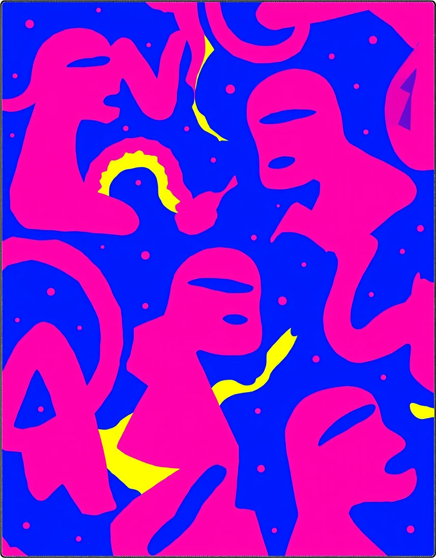 Vibrant Pink Figures Blue Swirls Rug