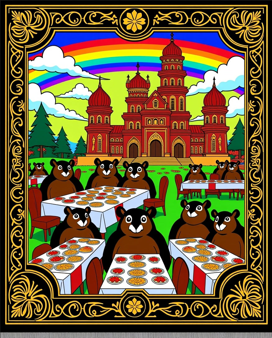 Whimsical Bears Feast Under Rainbow Palace Rug