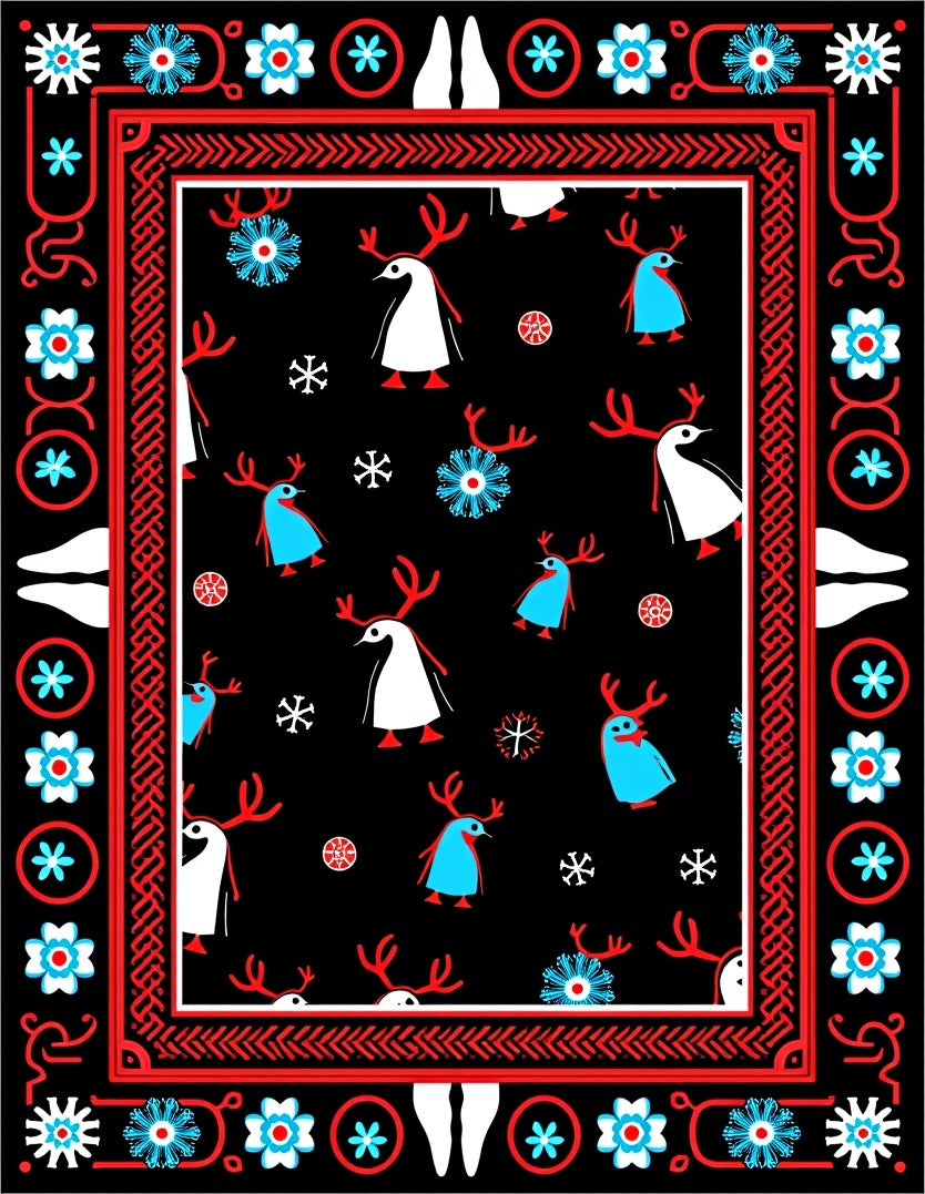 Red White Blue Reindeer Snowflakes Border Rug