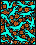 Teal Dinosaur Orange Blossom Garden Rug