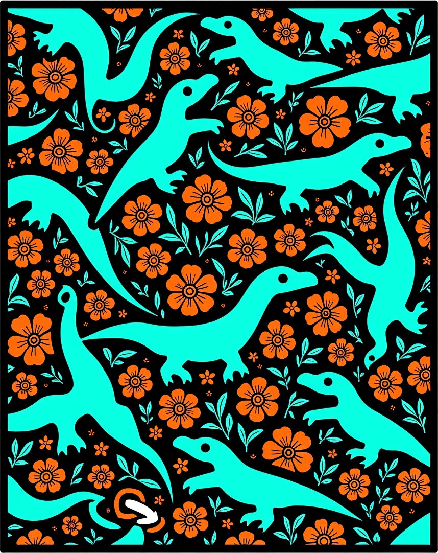 Teal Dinosaur Orange Blossom Garden Rug