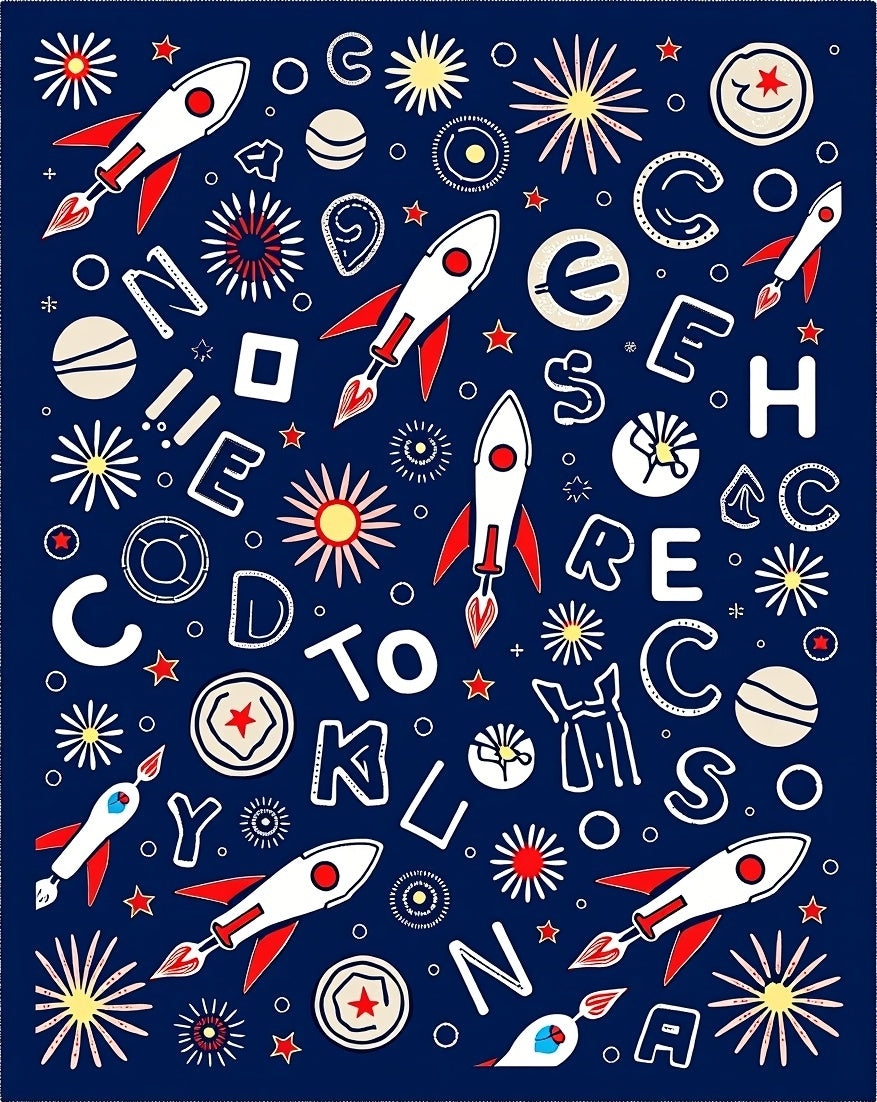 Cosmic Rockets Navy Red Letter Collage Rug