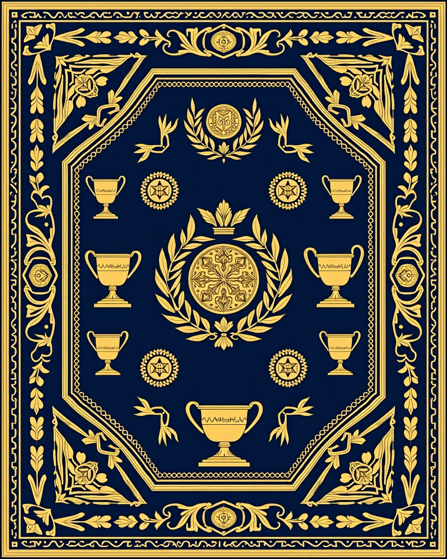 Navy Gold Trophy Laurel Emblem Rug