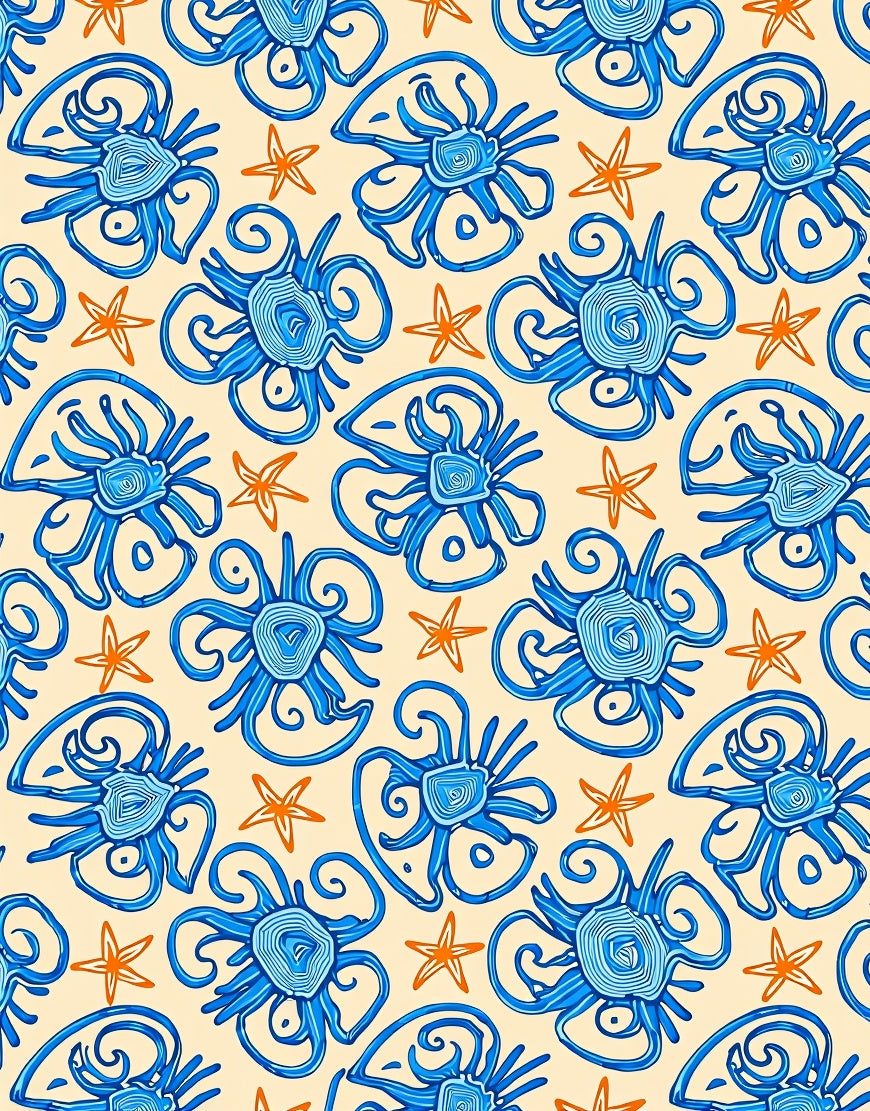 Oceanic Blue Swirl Creatures Starfish Rug