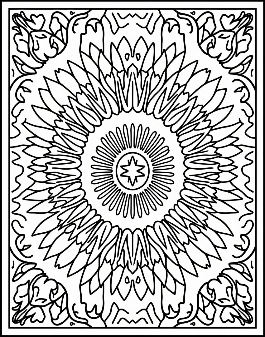 Bold Black Sunburst Mandala Frame Rug