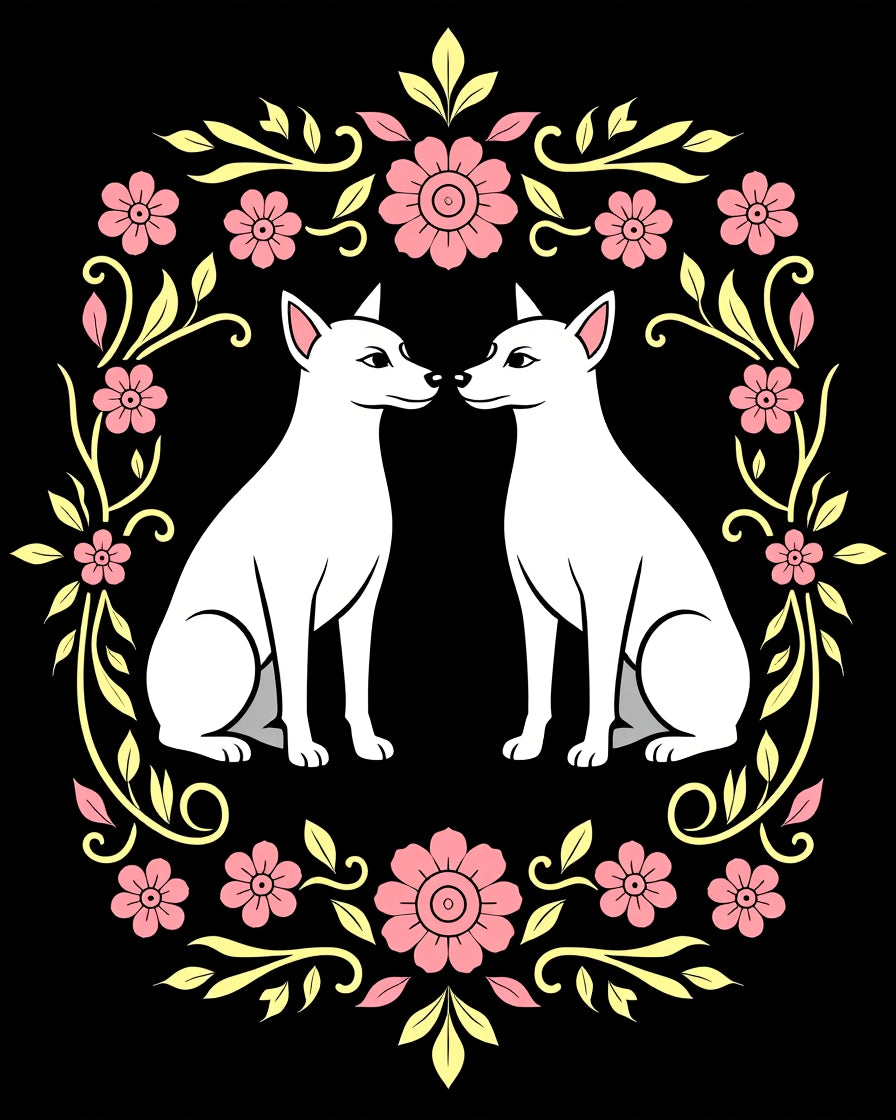 Pink Floral White Dogs Garland Rug
