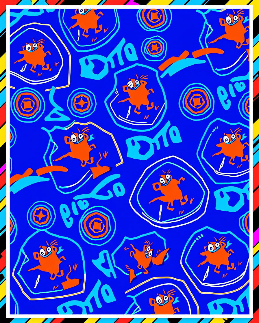 Whimsical Orange Critters Blue Graphic Rug