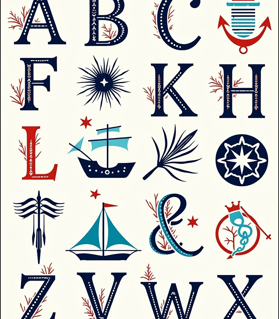Nautical Alphabet Red Blue Anchor Ship Rug