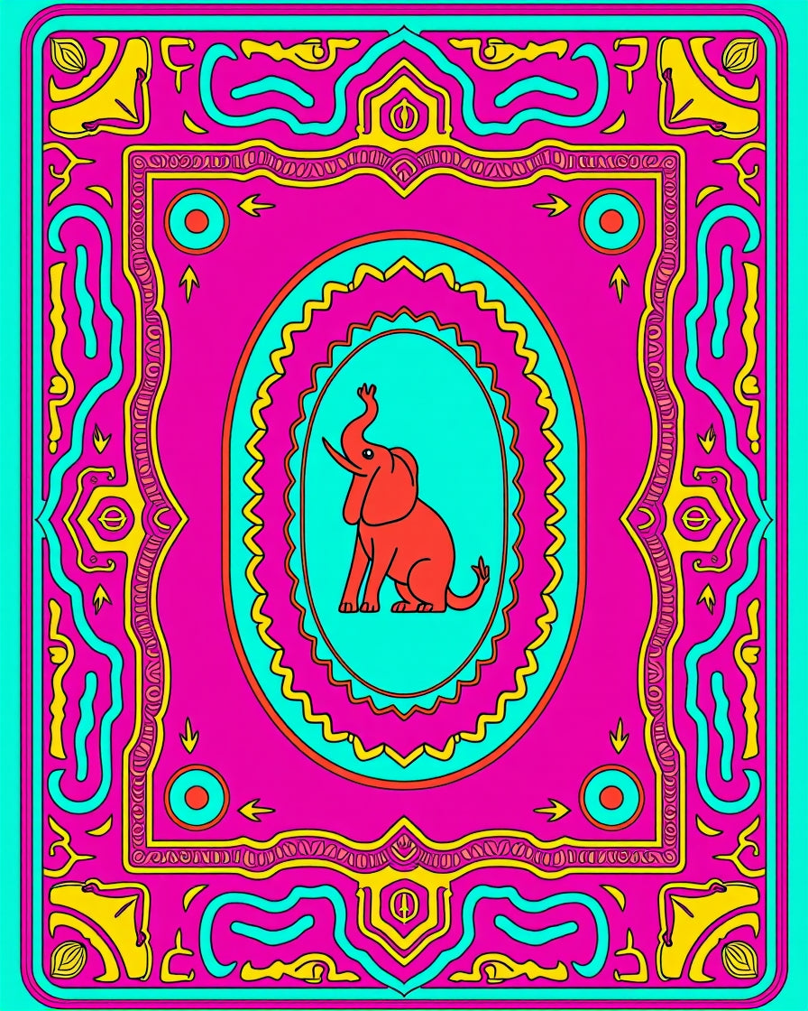 Vibrant Red Elephant Oval Frame Rug