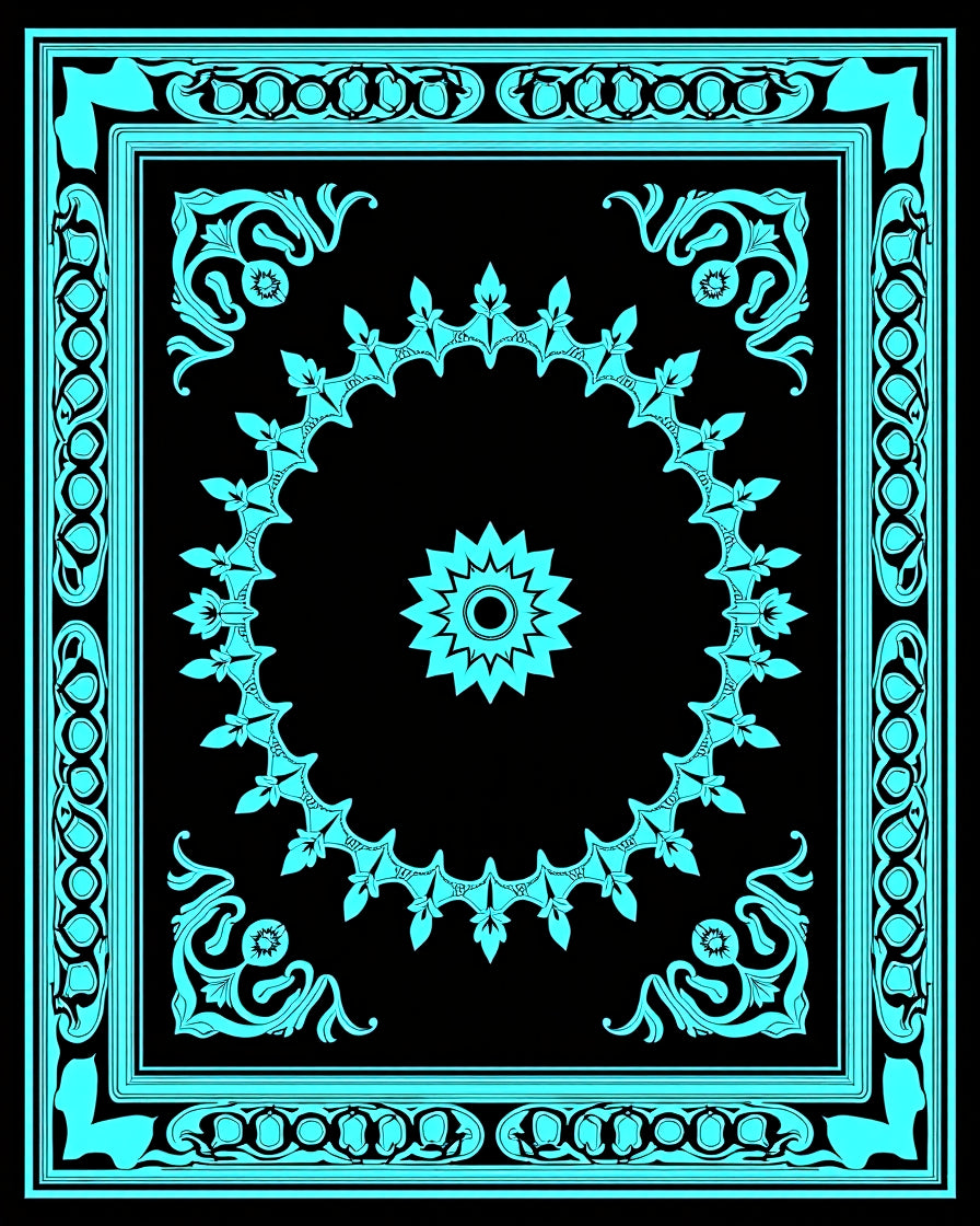 Turquoise Black Ornamental Medallion Frame Rug