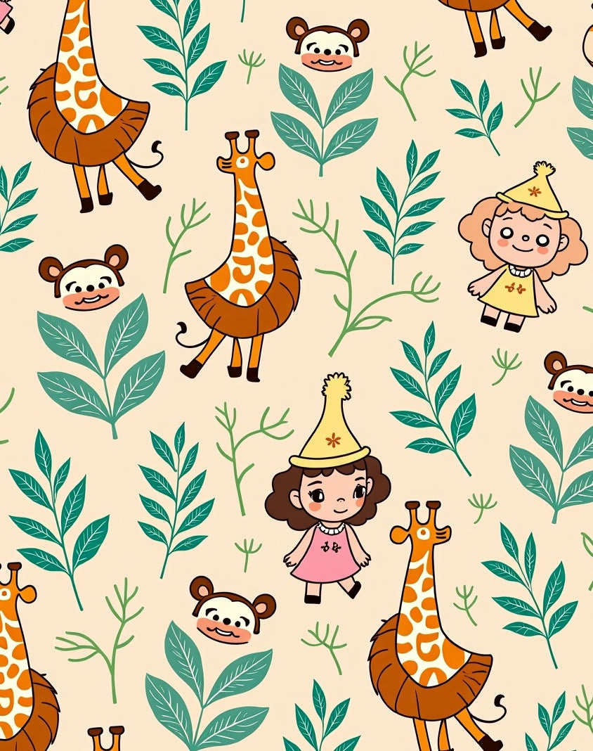 Cartoon Giraffes Monkeys Cute Girls Jungle Foliage Rug