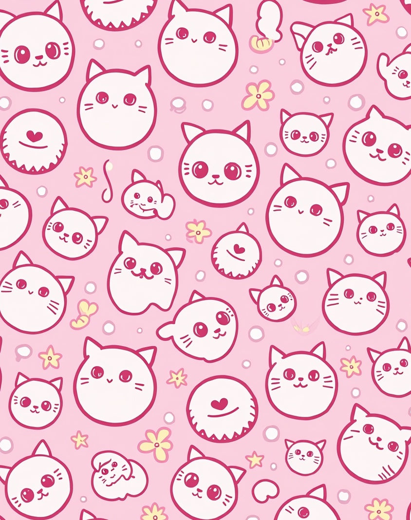 Pink Kawaii Cat Faces with Flowers Rug