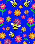 Happy Bees and Flowers on Blue Background Rug