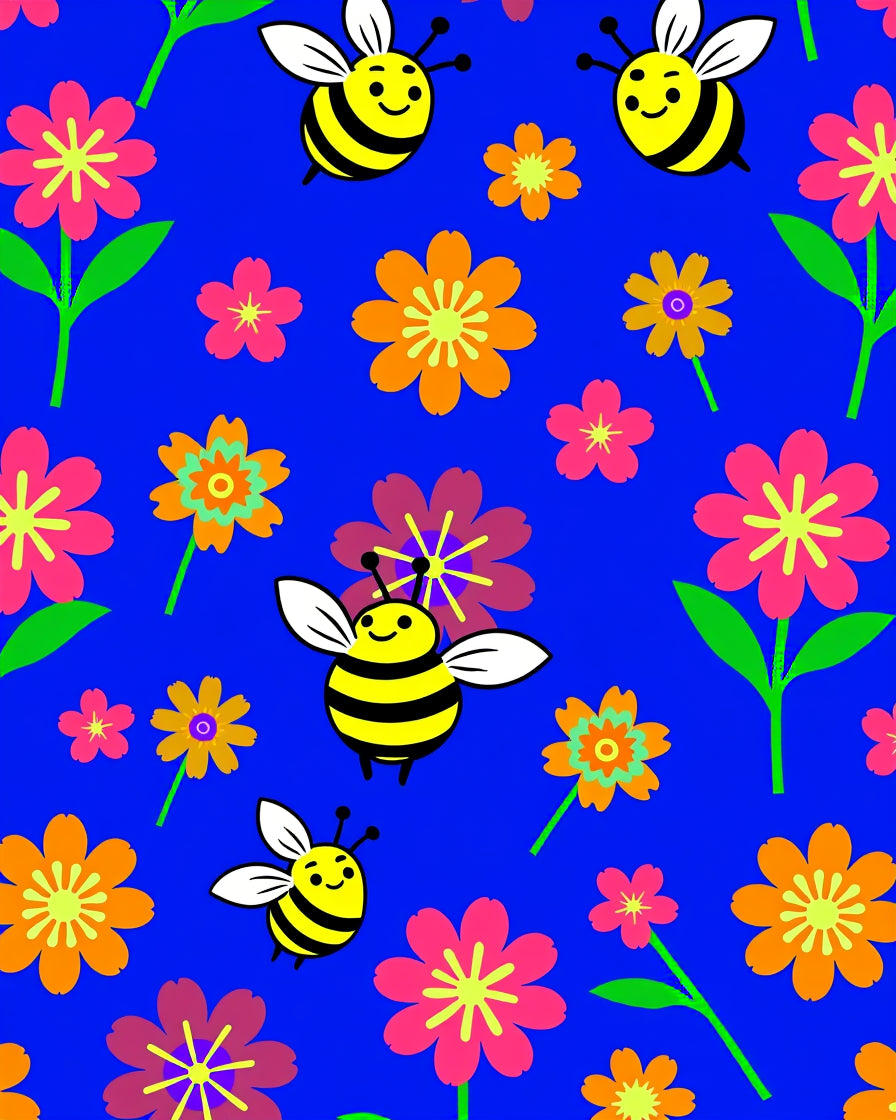 Happy Bees and Flowers on Blue Background Rug