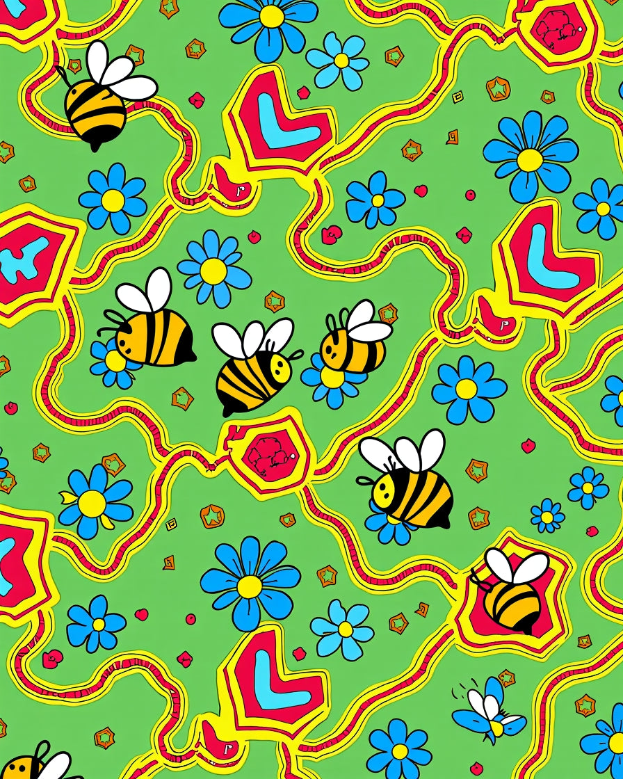 Whimsical Bee and Blue Flower Meadow Rug
