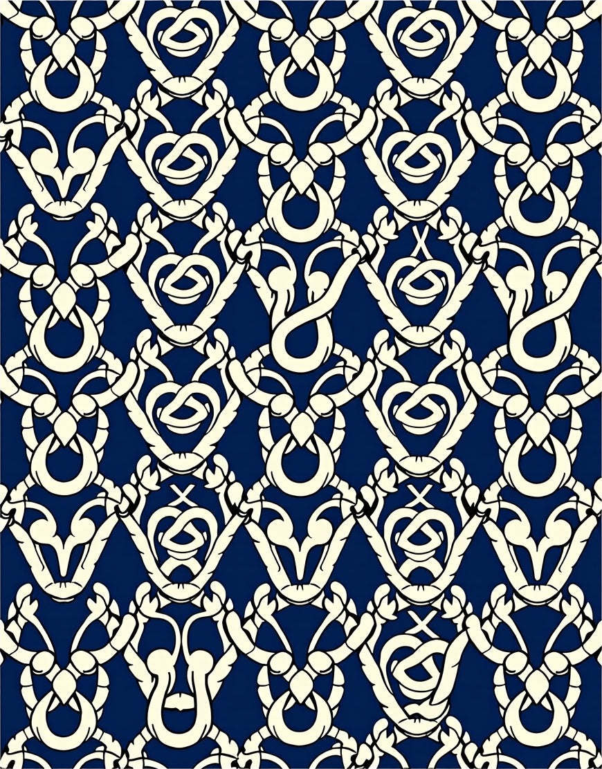 Cream and Navy Intertwined Damask Rug