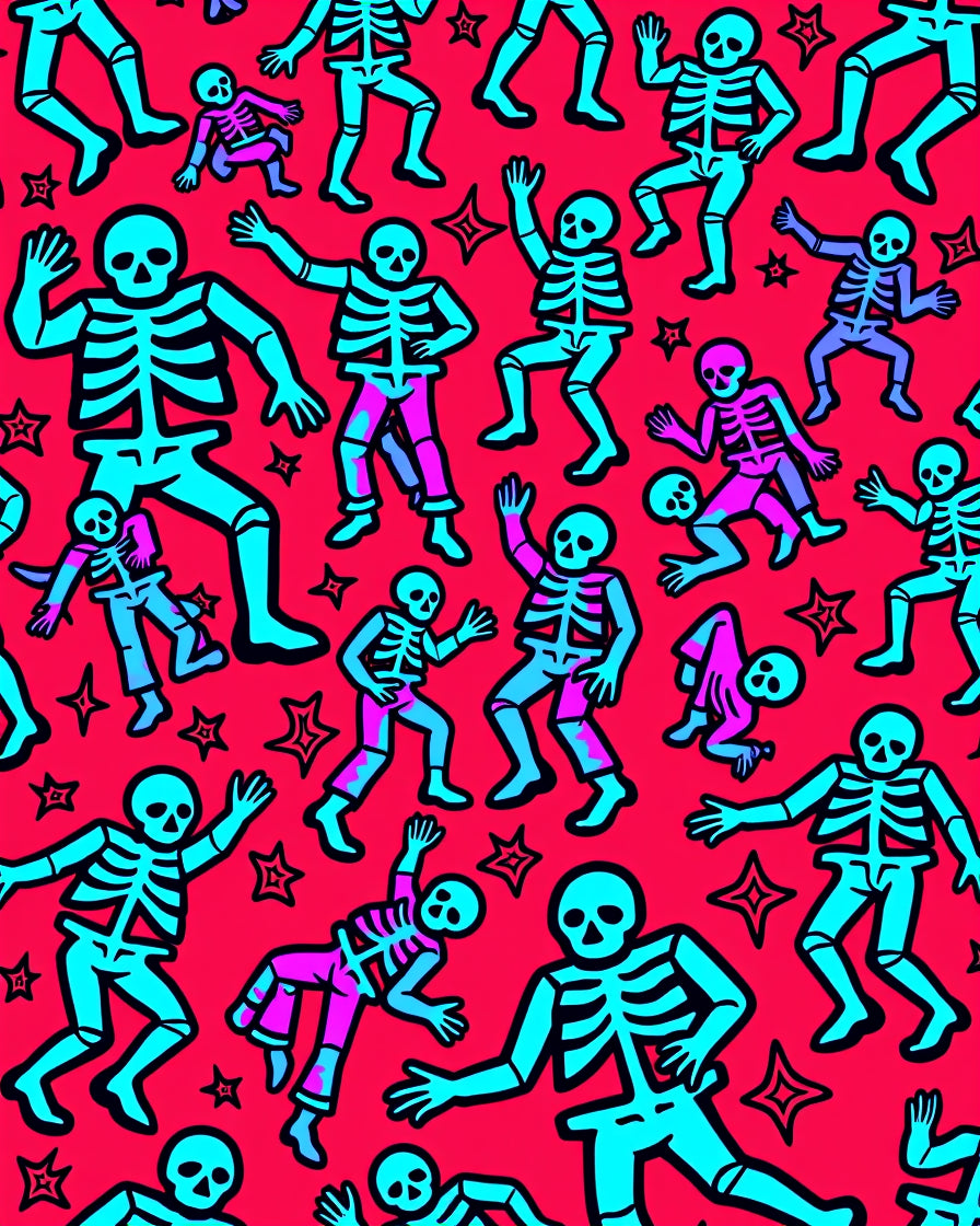 Dancing Skeletons Crimson Blue Graphic Rug