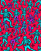 Dancing Skeletons Crimson Blue Graphic Rug
