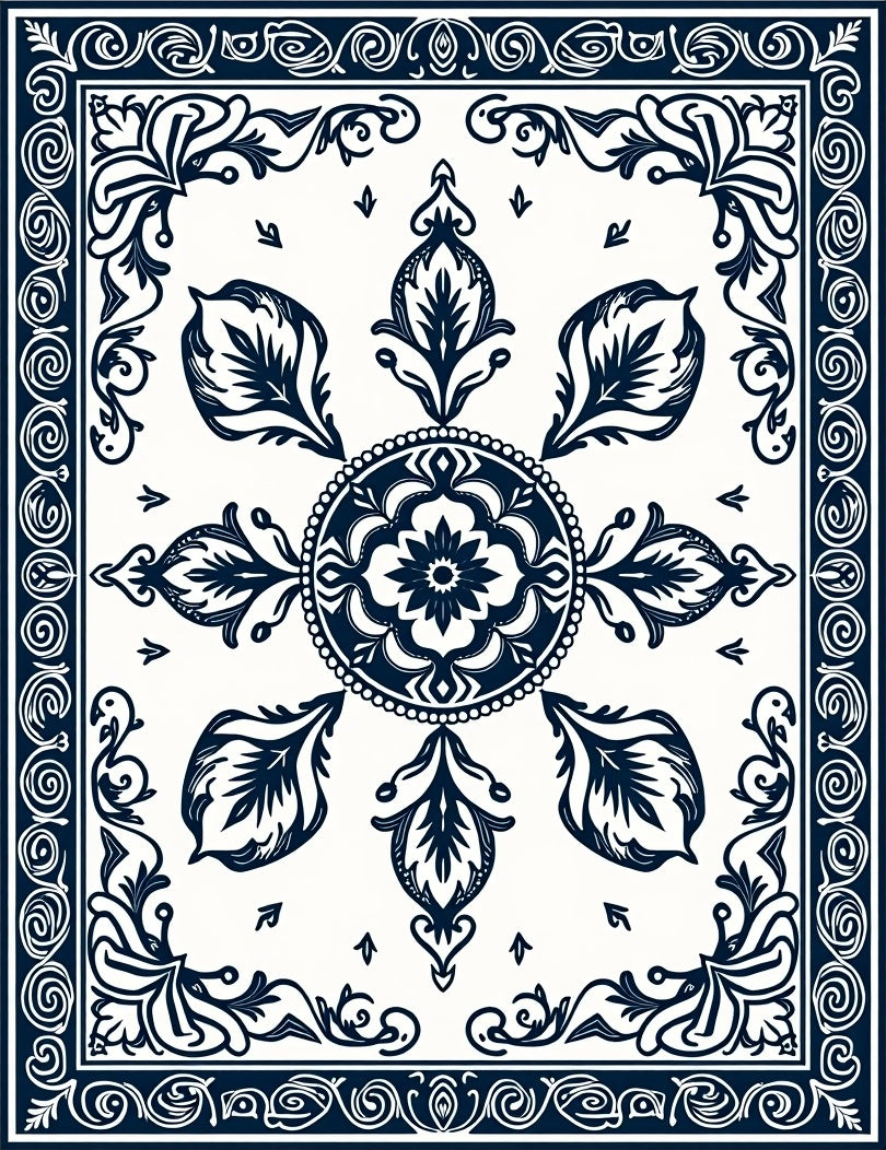 Navy Cream Floral Medallion Scroll Border Rug