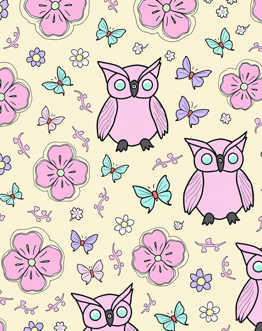 Pink Owls Butterflies Floral Meadow Rug