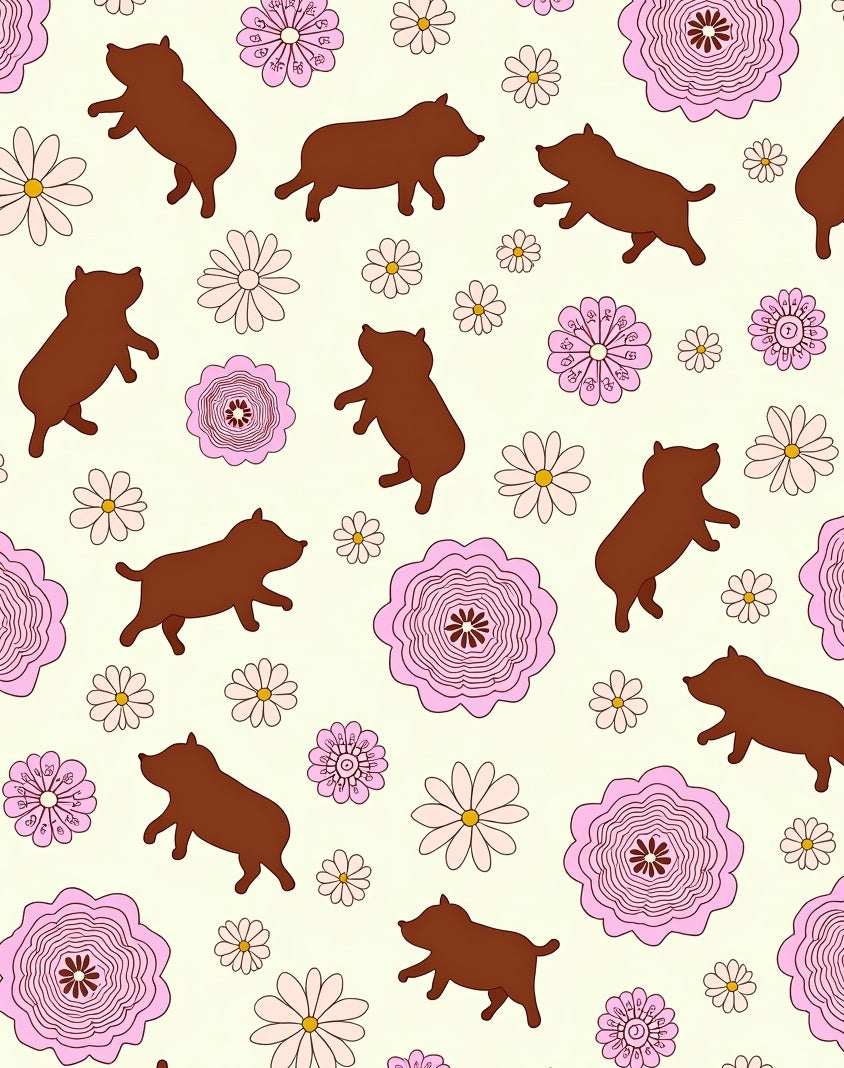 Brown Dogs Pink Flowers Cream Background Rug