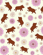 Brown Dogs Pink Flowers Cream Background Rug