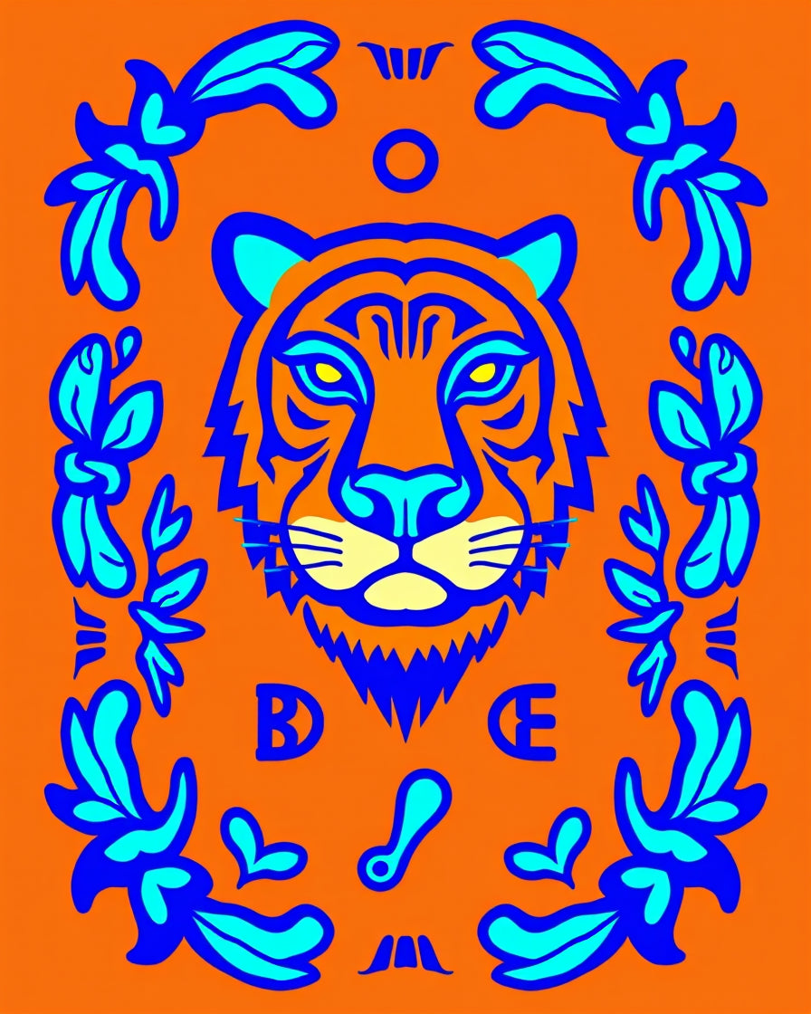 Tribal Orange Blue Tiger Face Rug