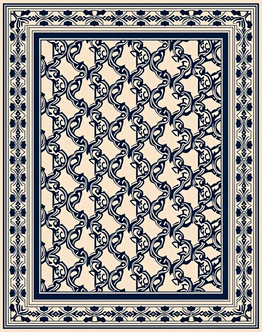 Ornate Cream Navy Scrollwork Rug